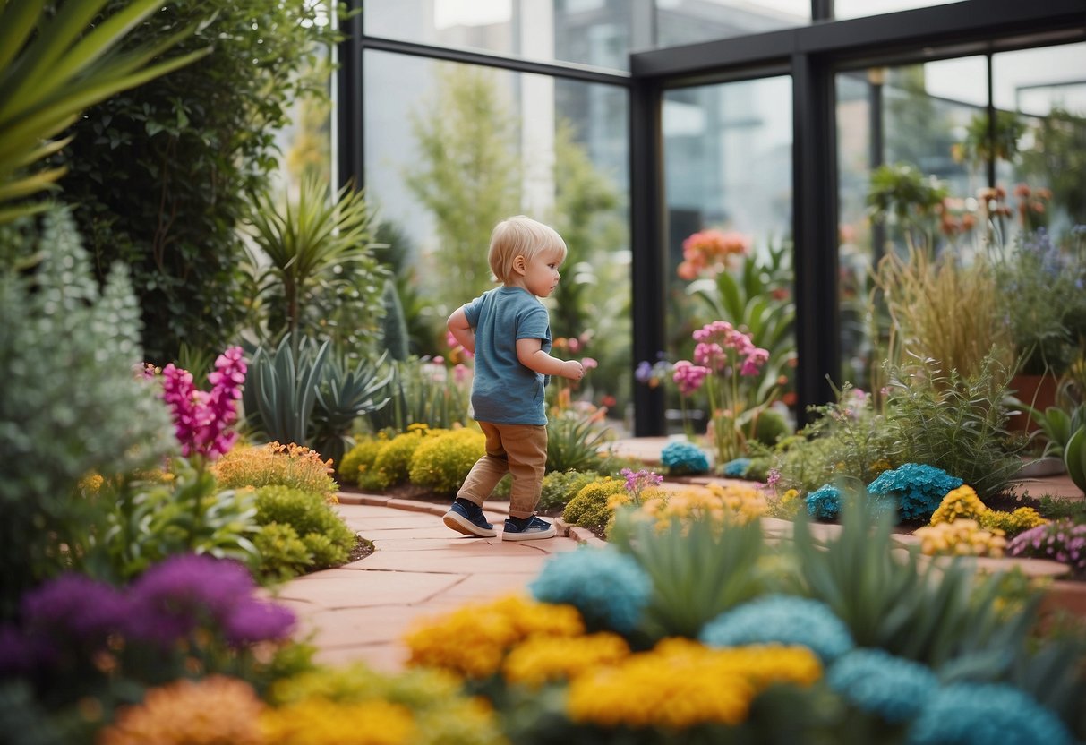 Children explore a vibrant sensory garden with interactive mirrors, colorful plants, and textured pathways. The space is filled with playful elements to engage and stimulate the senses