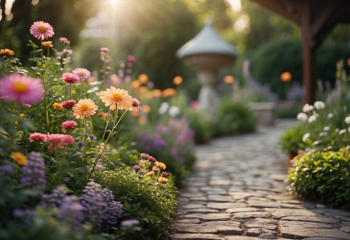 Colorful flowers bloom around a winding path. A bubbling fountain and wind chimes create soothing sounds. Textured plants and herbs release fragrant scents. A tactile sculpture invites touch