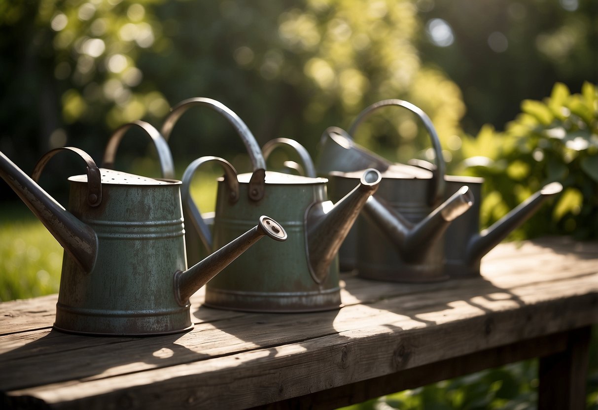 Rustic watering cans arranged on a weathered wooden table in a lush garden setting. Sunlight filters through the leaves, casting dappled shadows on the vintage metal surface