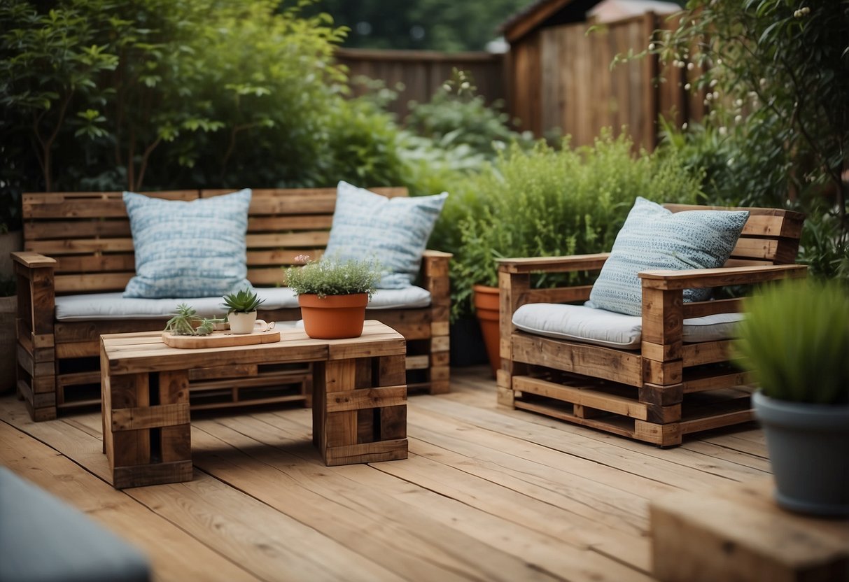 Rustic garden furniture made from upcycled pallets, arranged in a cozy outdoor setting with potted plants and cushions