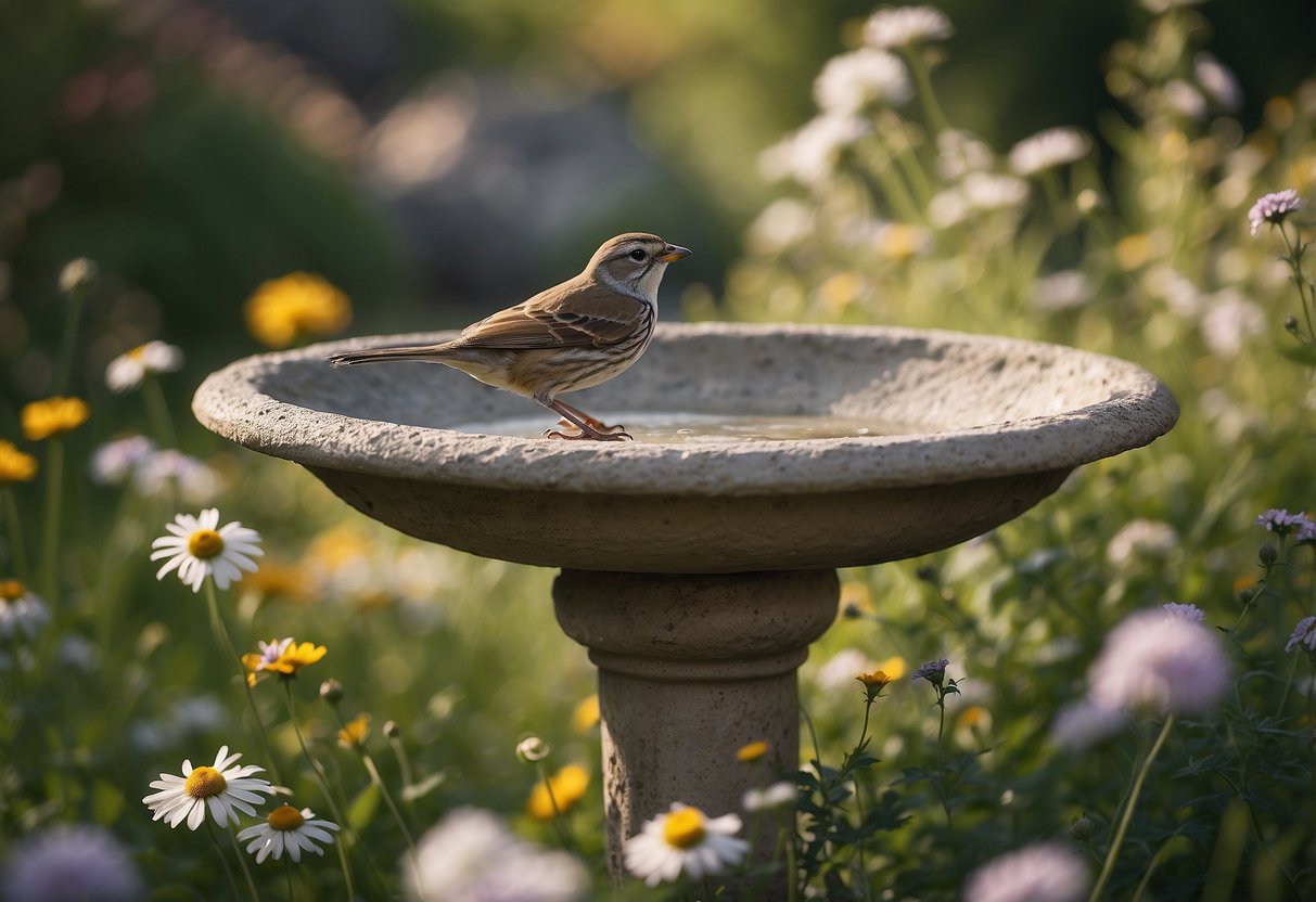 A weathered stone bird bath sits amidst overgrown wildflowers in a quaint, rustic garden. A pair of sparrows flit nearby, adding to the serene atmosphere