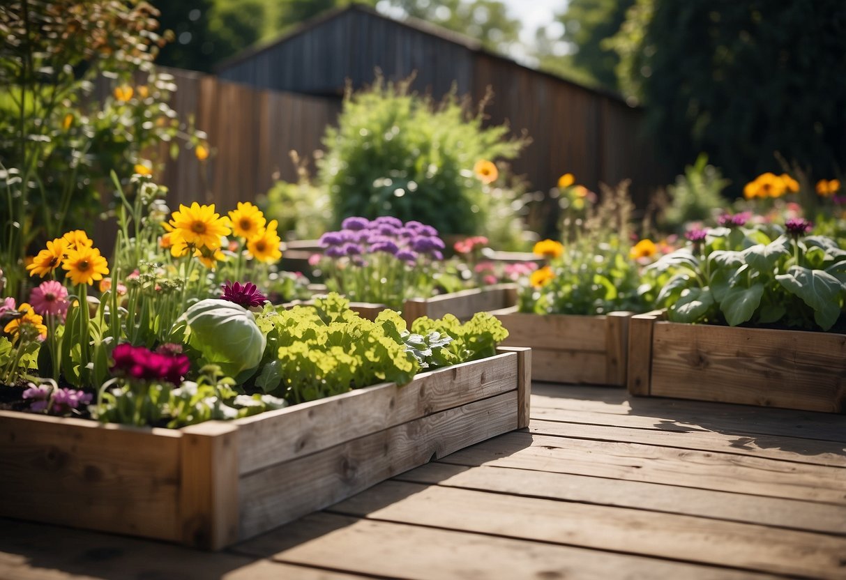 Rustic barnwood raised beds filled with vibrant flowers and vegetables, nestled in a charming garden setting