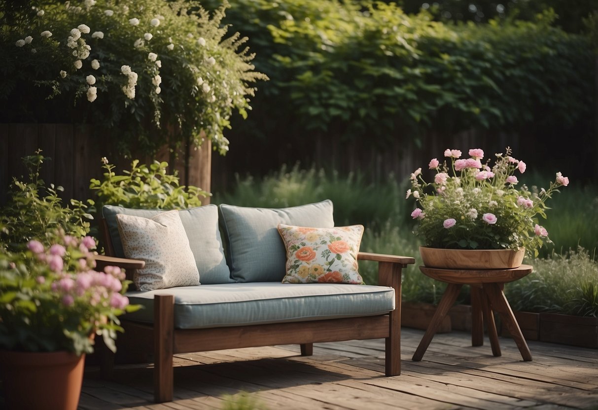 Lush garden with vintage floral cushions on rustic furniture