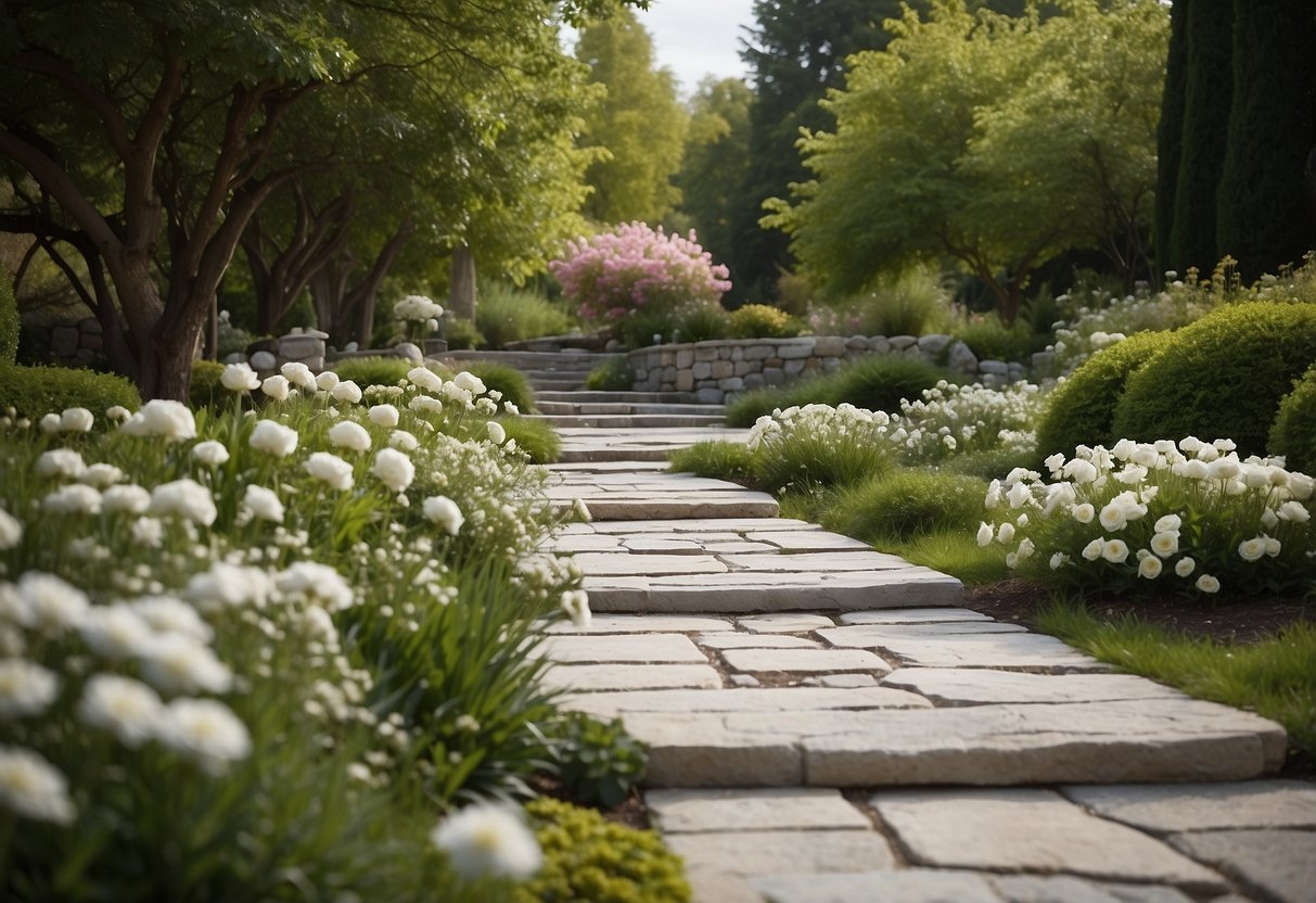 A serene garden with River White Granite stone pathways, surrounded by white stone borders and accents. Tall greenery and blooming flowers add color and contrast to the peaceful scene