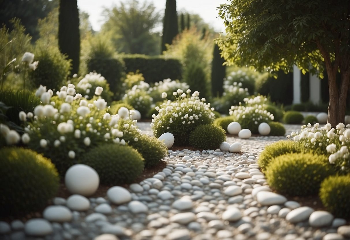 A garden filled with Carrara white polished stones, creating a serene and elegant atmosphere