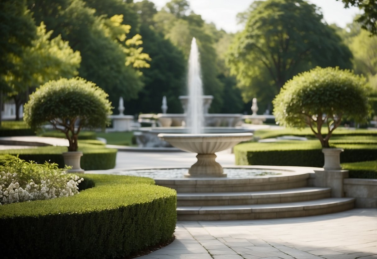 A serene garden with Alabama White Marble stone pathways, a fountain, and sculpted white stone benches