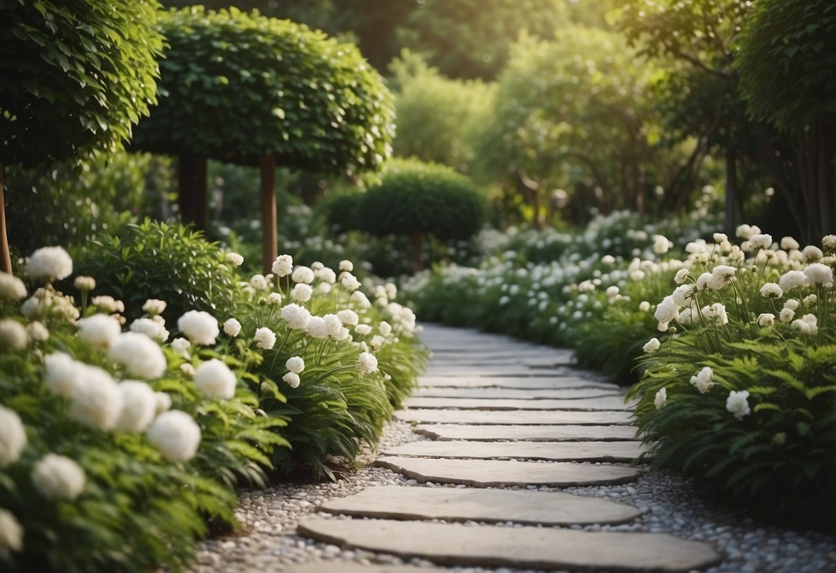 A garden pathway lined with white quartzite chips, surrounded by lush greenery and blooming flowers