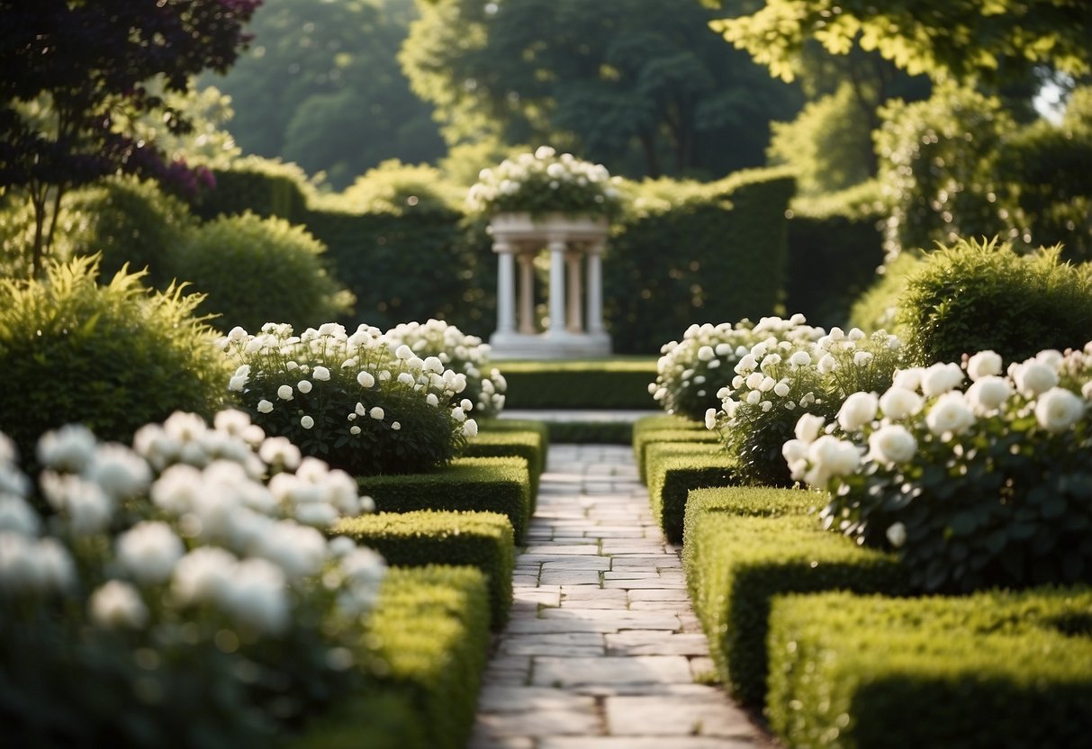 A serene garden with ivory white marble pathways and elegant stone sculptures. Lush greenery and delicate flowers add to the tranquil atmosphere