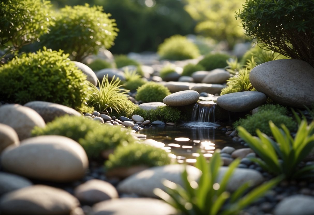 A serene white stone garden with carefully arranged pebbles, a trickling water feature, and lush greenery creating a tranquil and harmonious atmosphere