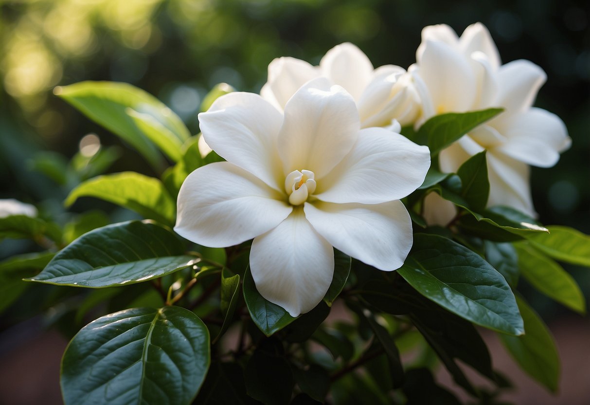 A cluster of white gardenias bloom amidst lush green foliage in a serene garden setting