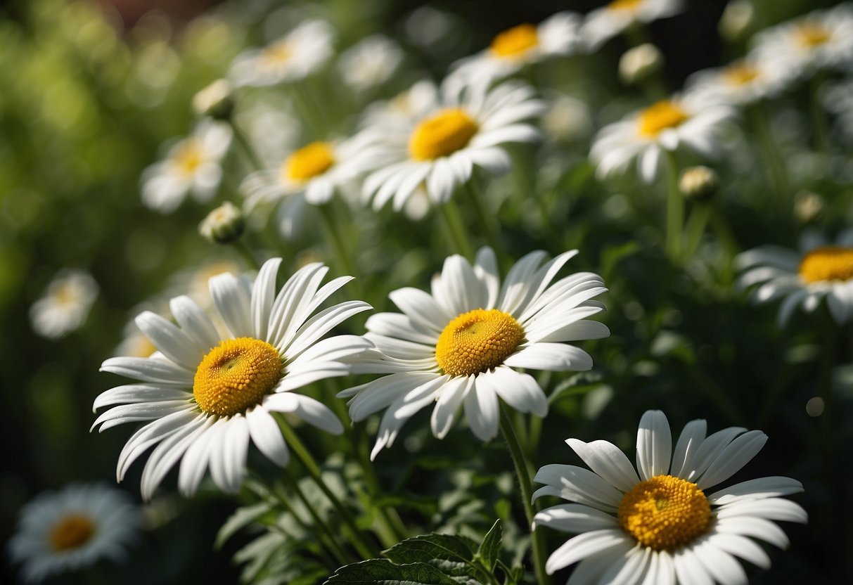 A lush garden filled with clusters of white Shasta Daisies, surrounded by green foliage and bathed in sunlight