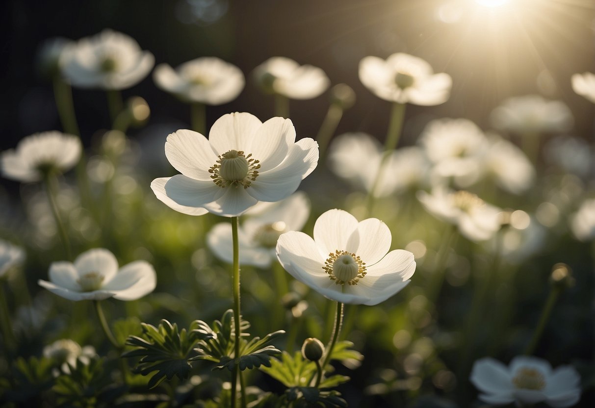 A garden filled with white anemones, their delicate petals swaying in the gentle breeze. The sun casts a soft glow, illuminating the serene and ethereal scene