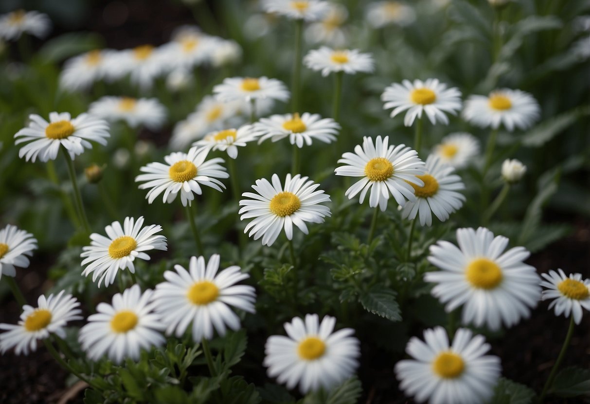 A variety of white flowers and foliage arranged in a garden bed, with contrasting textures and heights for visual interest