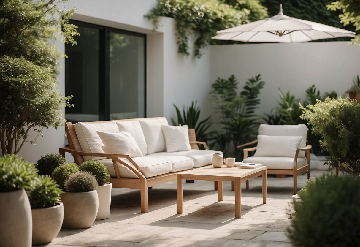 A serene white garden with clean lines, minimalistic furniture, and carefully curated greenery. The space exudes simplicity, elegance, and tranquility