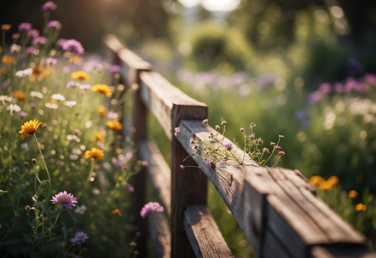 A rustic wooden fence adorned with wildflowers in a garden setting