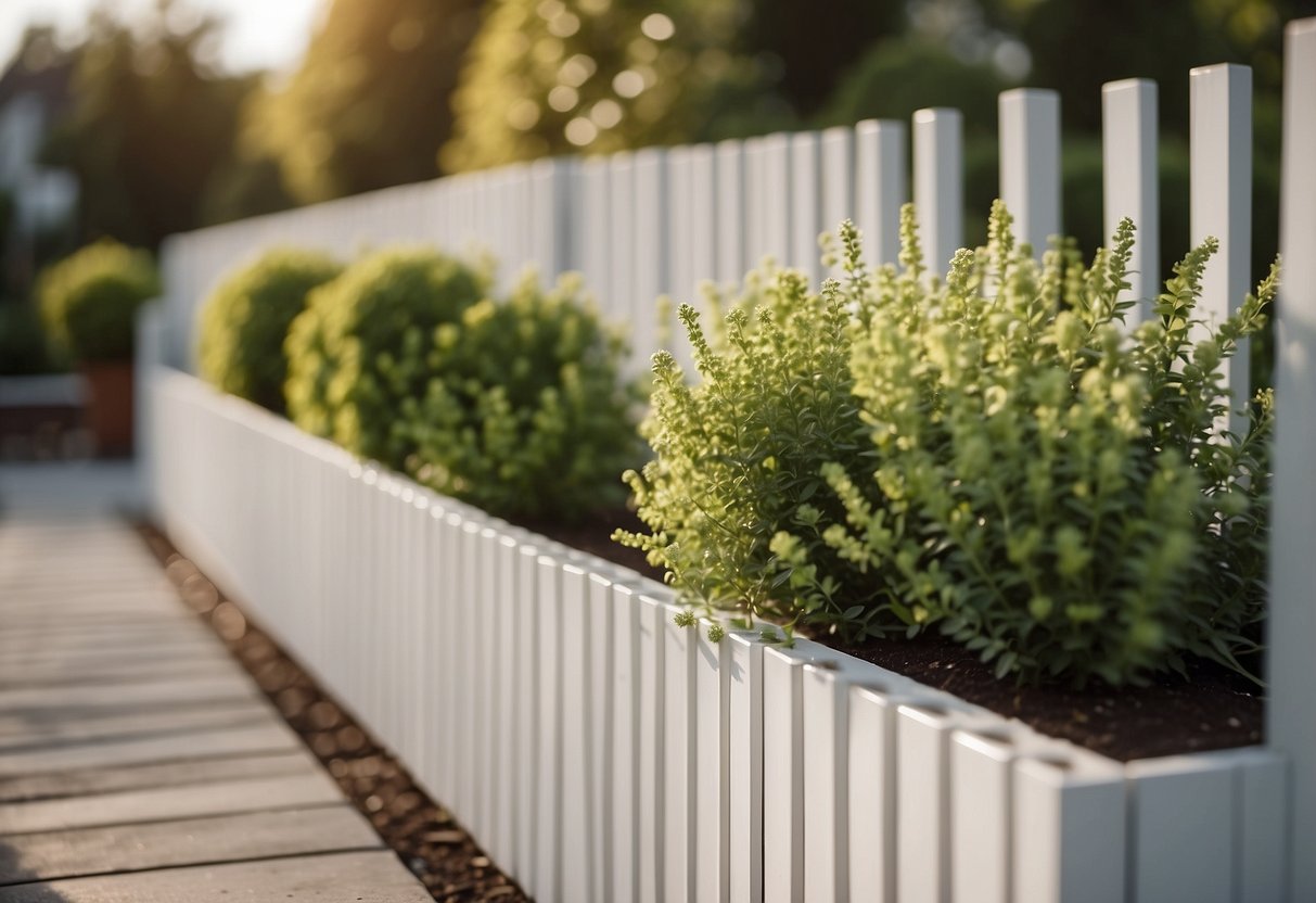 A modern white slat fence with plant boxes lining the perimeter of a tidy garden