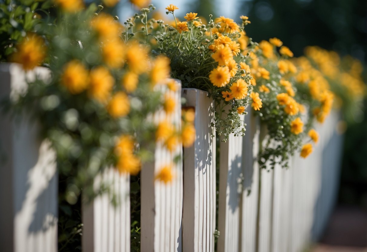 A white vinyl privacy fence adorned with hanging planters, creating a charming garden scene