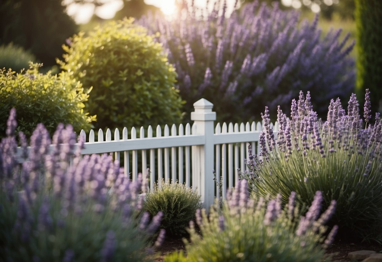 A classic white fence surrounds a garden, adorned with blooming lavender bushes