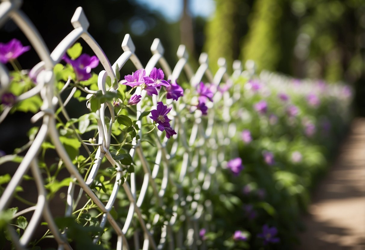 A white lattice fence adorned with blooming Clematis vines in a lush garden setting