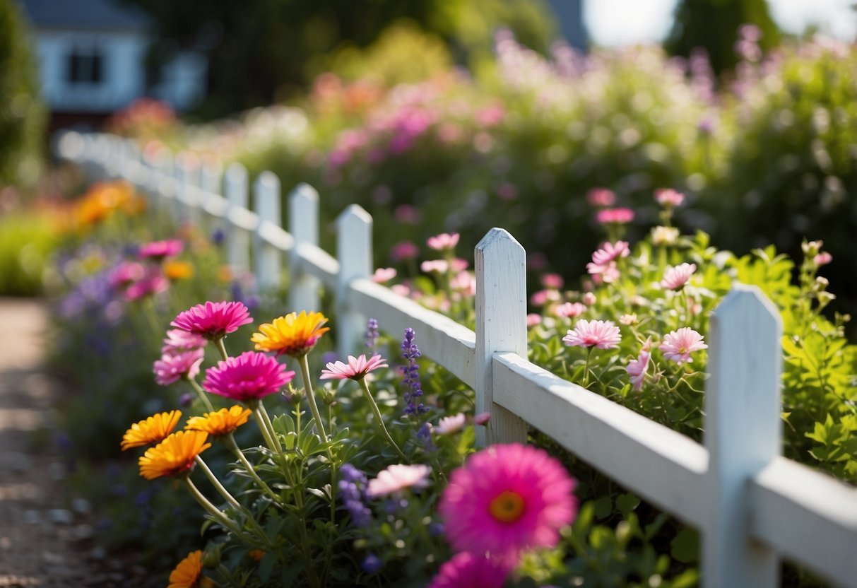 A white split rail fence surrounds a garden with colorful flowers and greenery