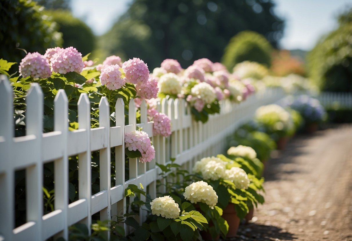 A colonial white fence surrounds a garden of vibrant hydrangeas