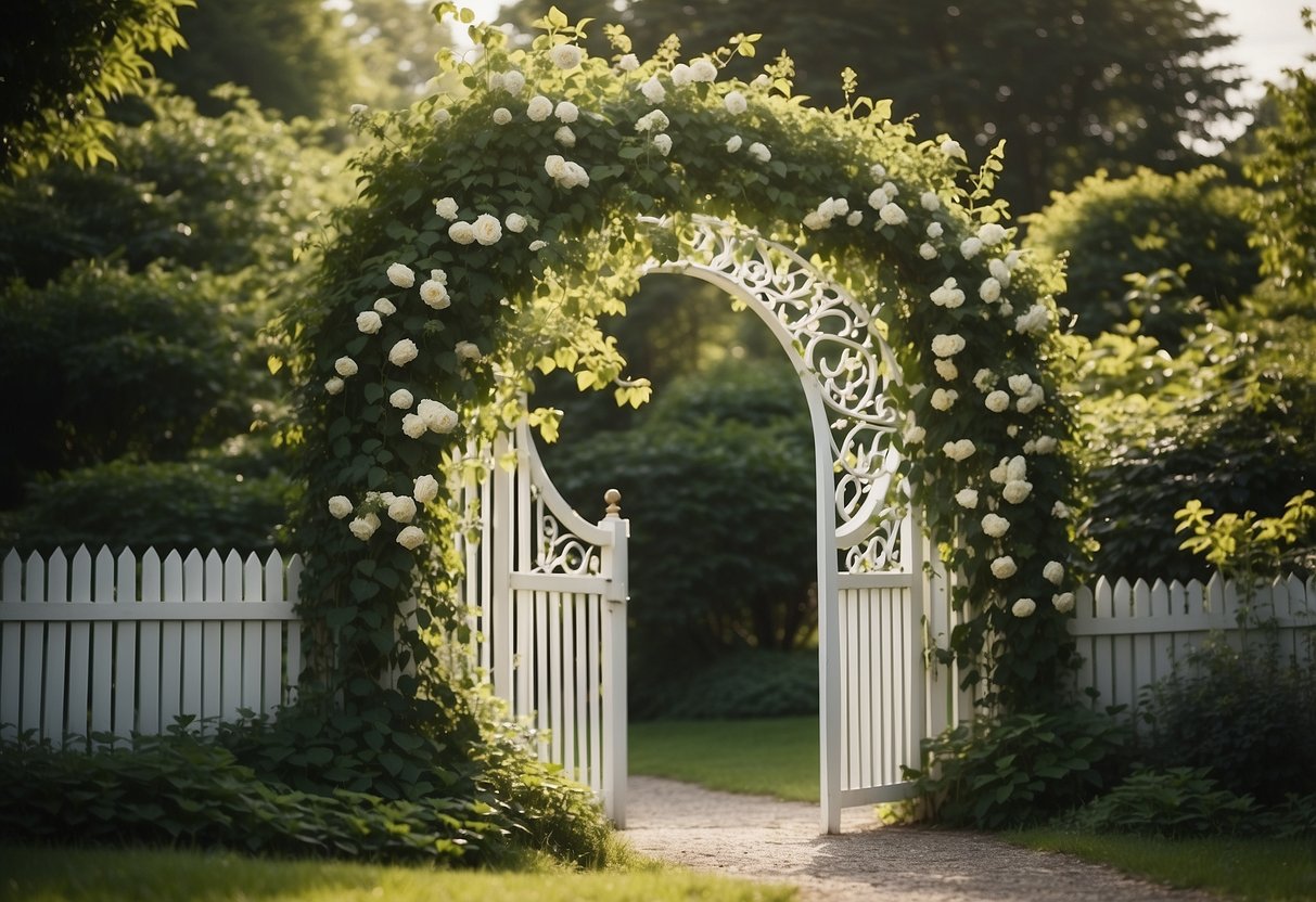 A white garden gate with an ivy arch stands against a white fence, surrounded by lush greenery and blooming flowers