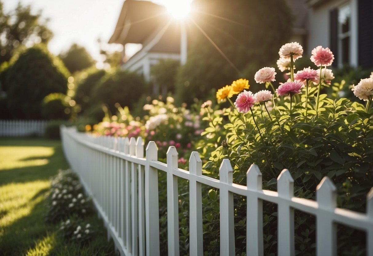 A white picket fence surrounds a lush garden, with colorful flowers and neatly trimmed hedges. The sun casts a warm glow on the scene, creating a peaceful and inviting atmosphere