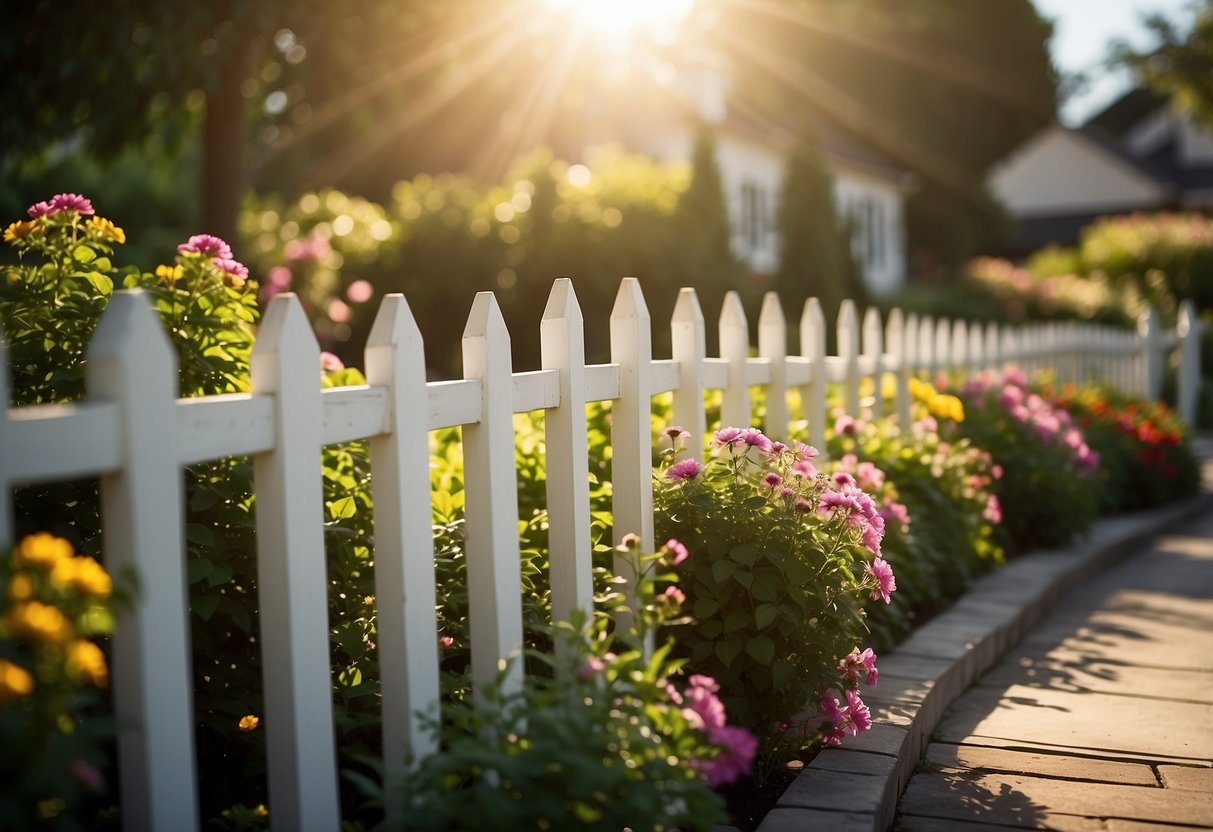 A white picket fence surrounds a lush garden, with vibrant flowers and neatly trimmed hedges. The sun shines down, casting a warm glow on the idyllic scene