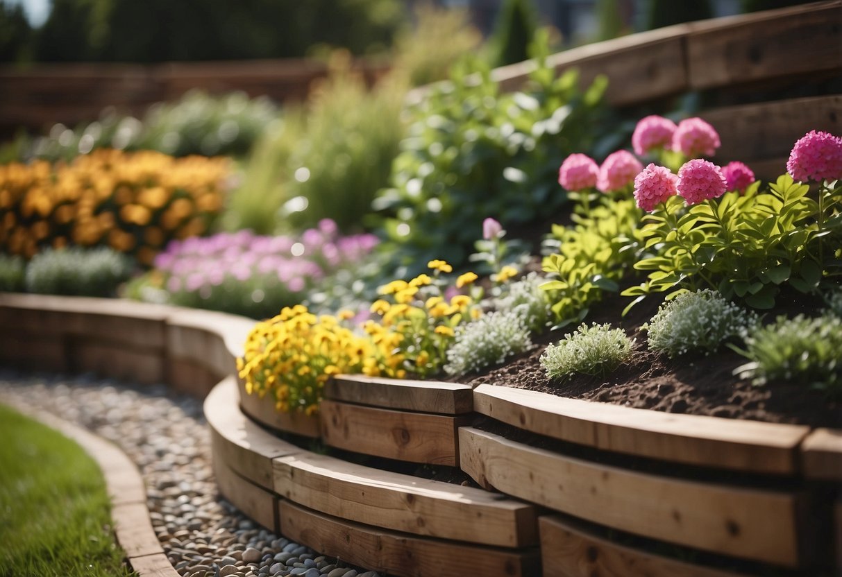 A wooden retaining wall curves around flower beds, creating a tiered garden