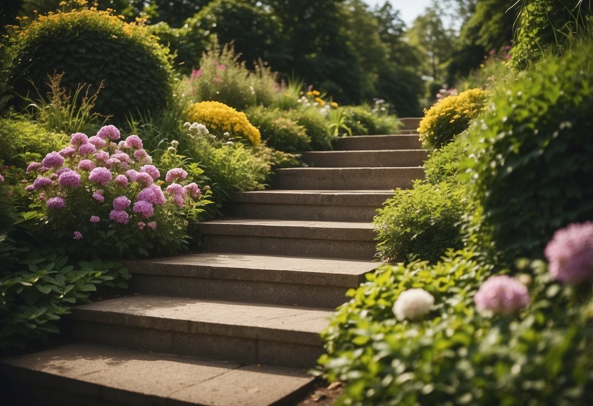 A series of multi-level garden steps wind through lush greenery, bordered by sturdy retaining walls. Vibrant flowers and shrubs add color and texture to the tranquil landscape