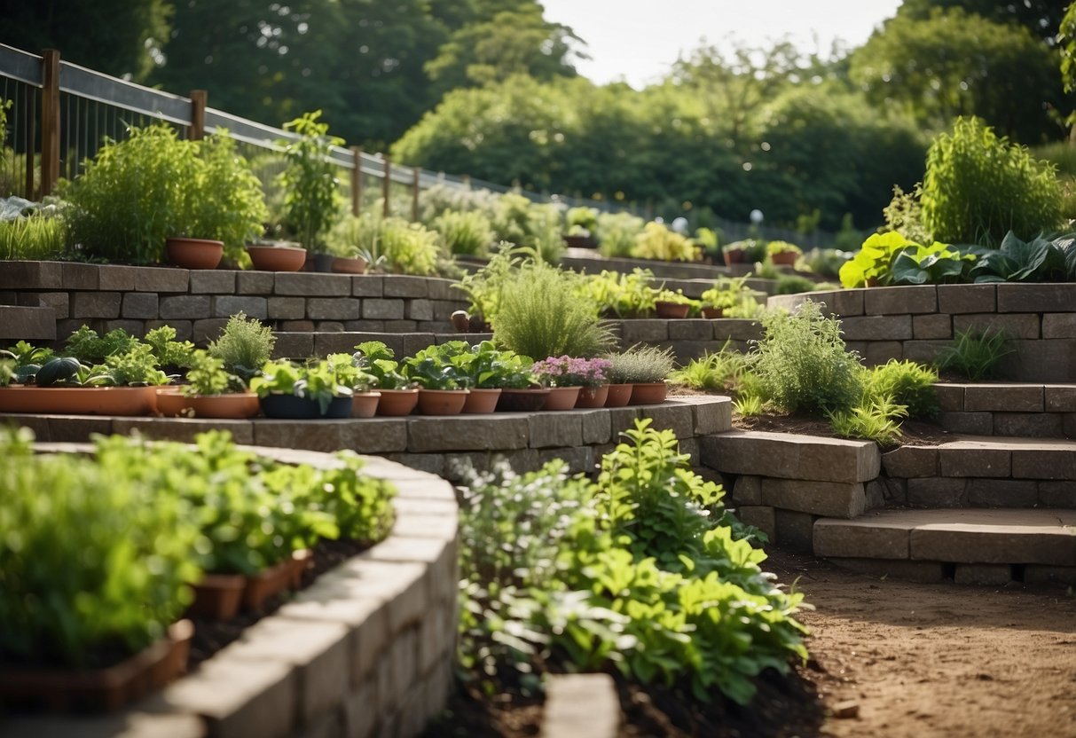 A tiered vegetable garden with retaining walls, showcasing various levels of plant beds and pathways, surrounded by lush greenery