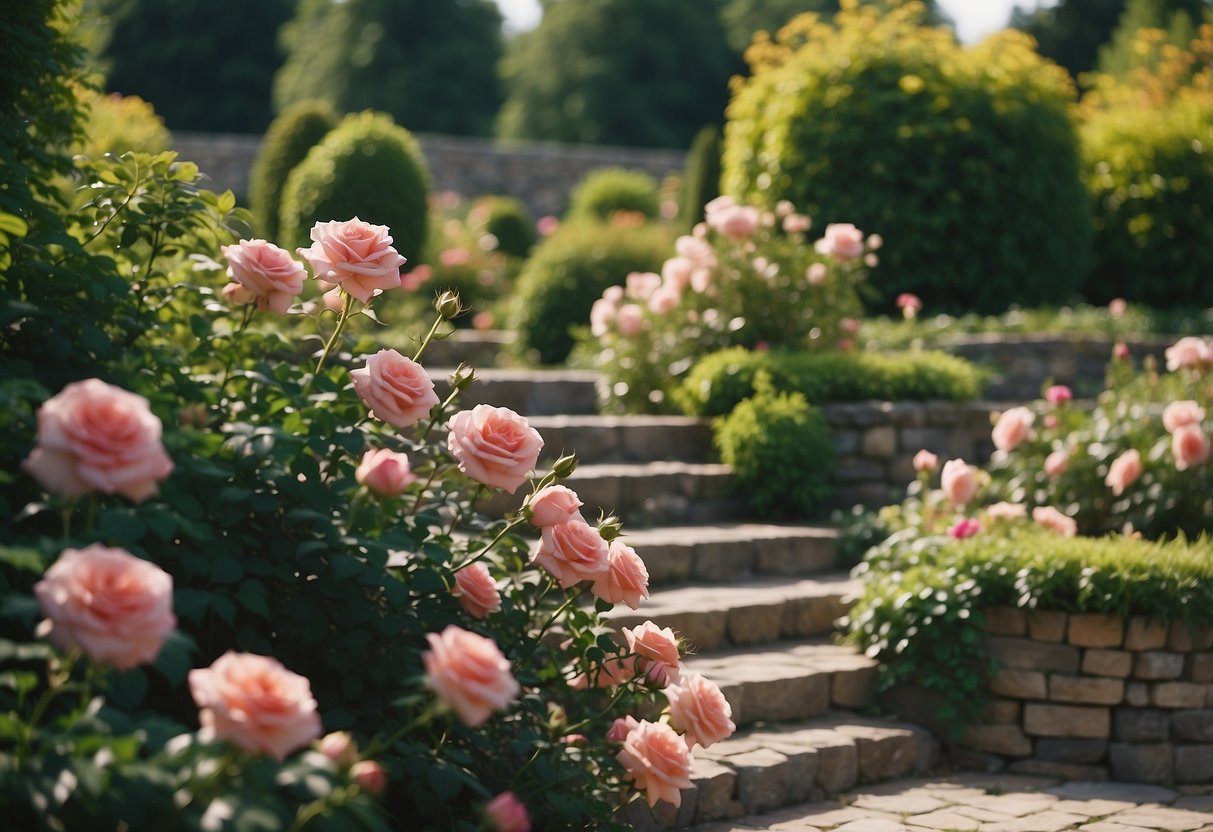 A tiered rose garden with stone retaining walls and lush foliage