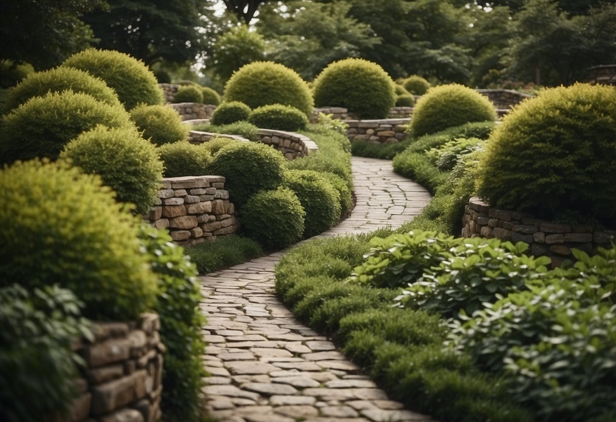 A winding garden pathway with stone retaining walls and lush greenery