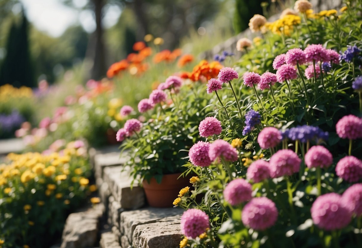 Vibrant flowers border a garden with retaining walls