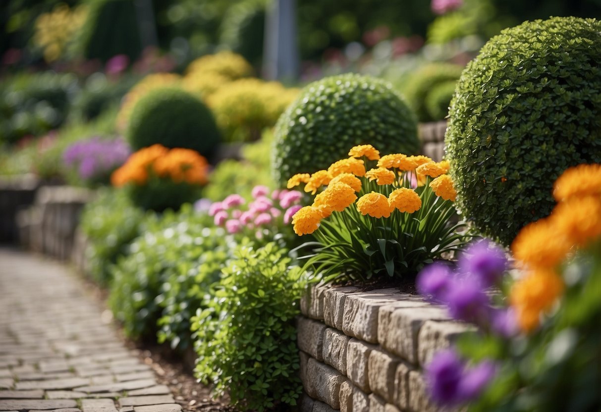 A lush garden with a retaining wall, showcasing tiered plant beds, colorful flowers, and neatly trimmed hedges. The wall provides structure and support, adding depth and interest to the garden design