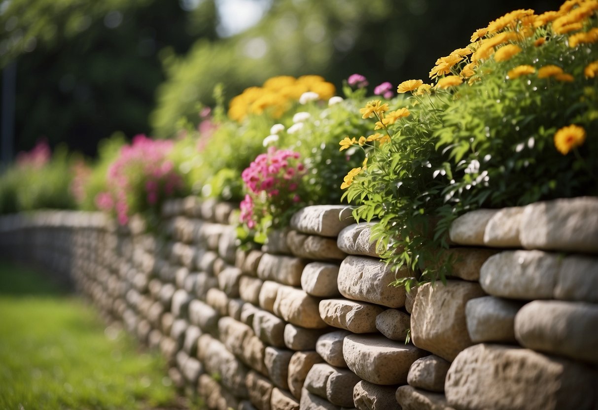 A retaining wall made of stone and timber stands in a lush garden, with flowers and plants spilling over the edges