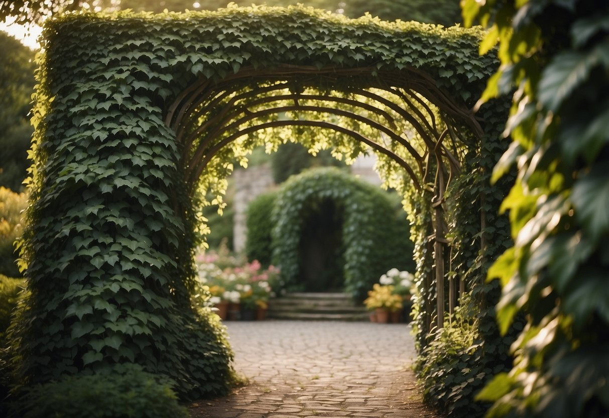 A swirling ivy archway frames a lush garden, with ivy cascading down in a natural, organic pattern