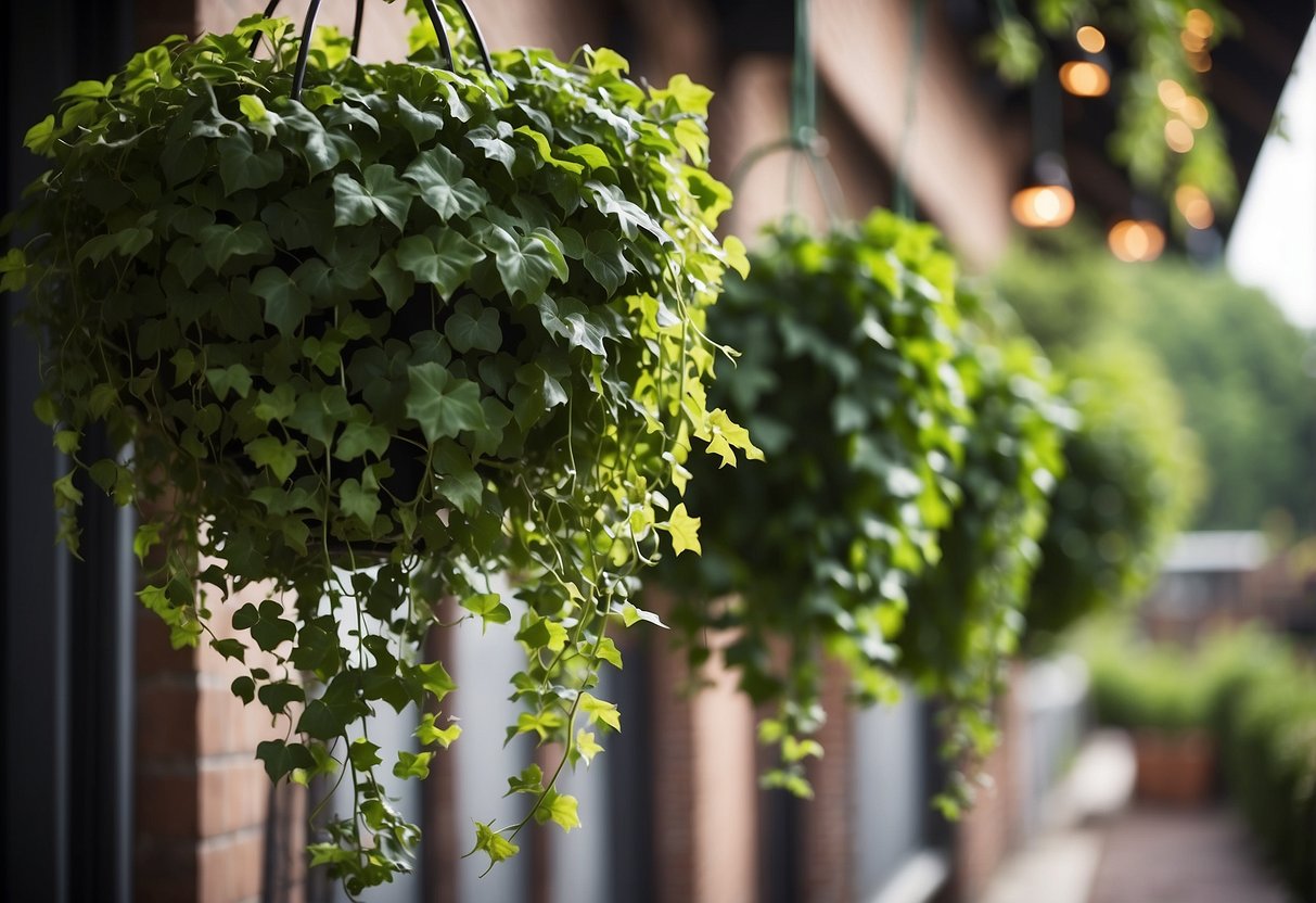 Lush green ivy cascades from hanging baskets, creating a natural and serene garden display