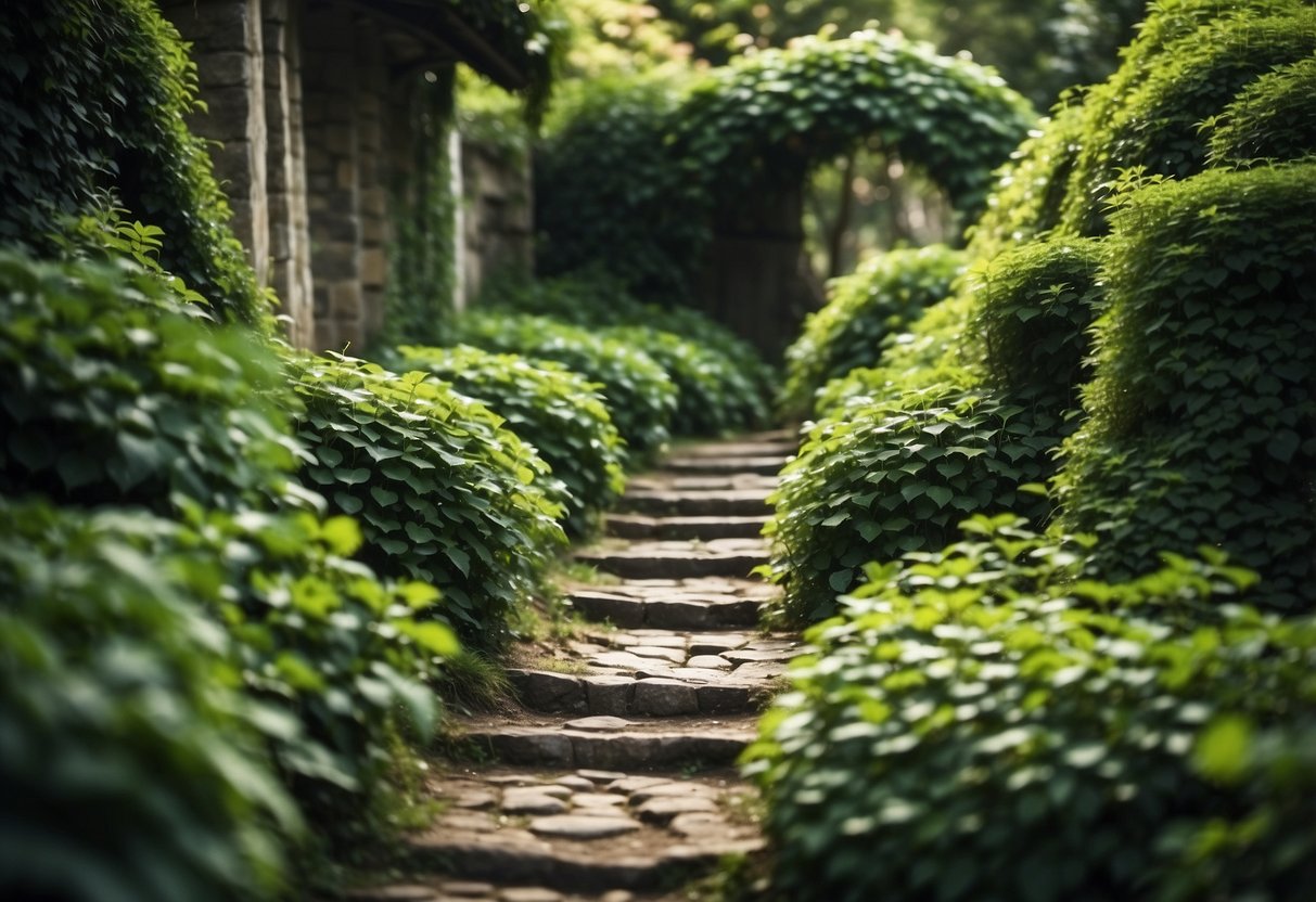 A winding stone path cuts through a lush garden, adorned with vibrant green ivy spilling over the edges, creating a rustic and charming atmosphere