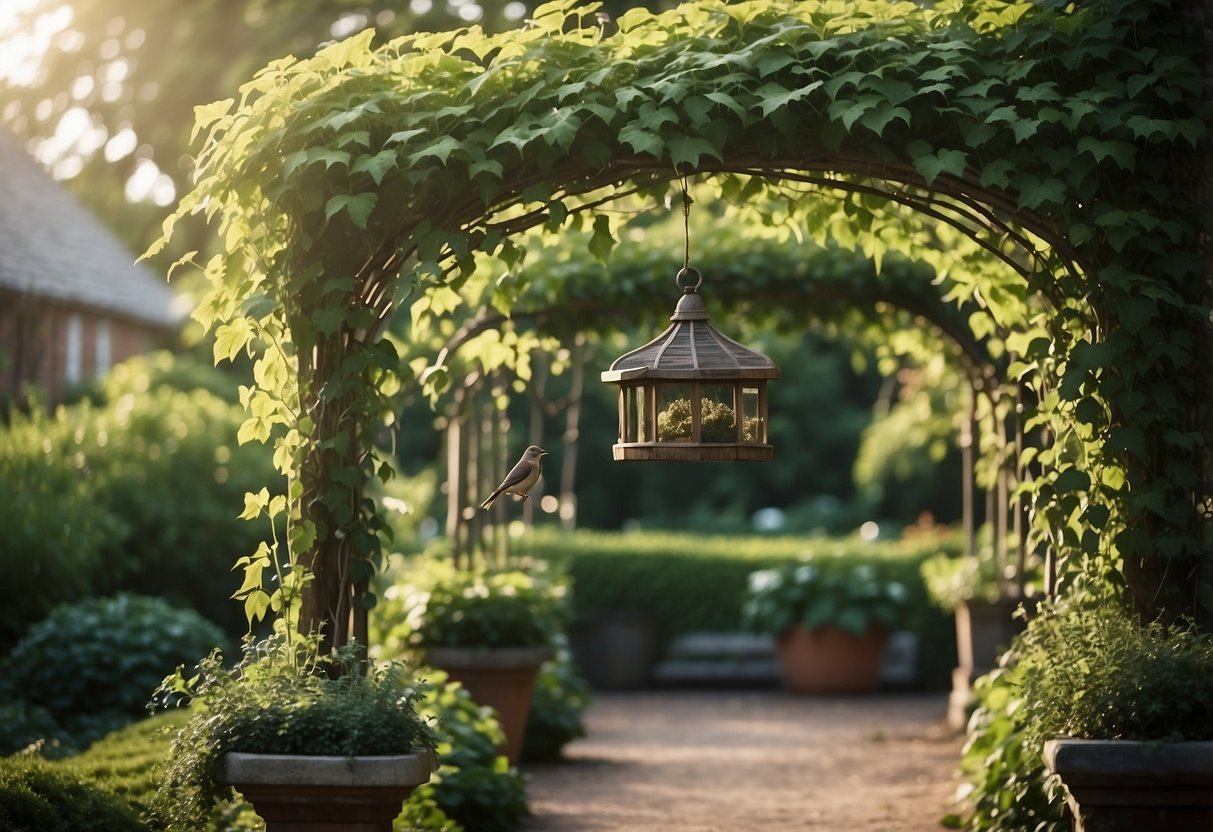 A lush ivy arbor with bird feeders and a variety of bird-friendly plants, creating a tranquil and inviting garden space