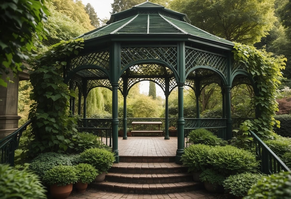 An ivy-covered gazebo stands in a lush garden, with winding vines and vibrant flowers weaving through the intricate lattice structure