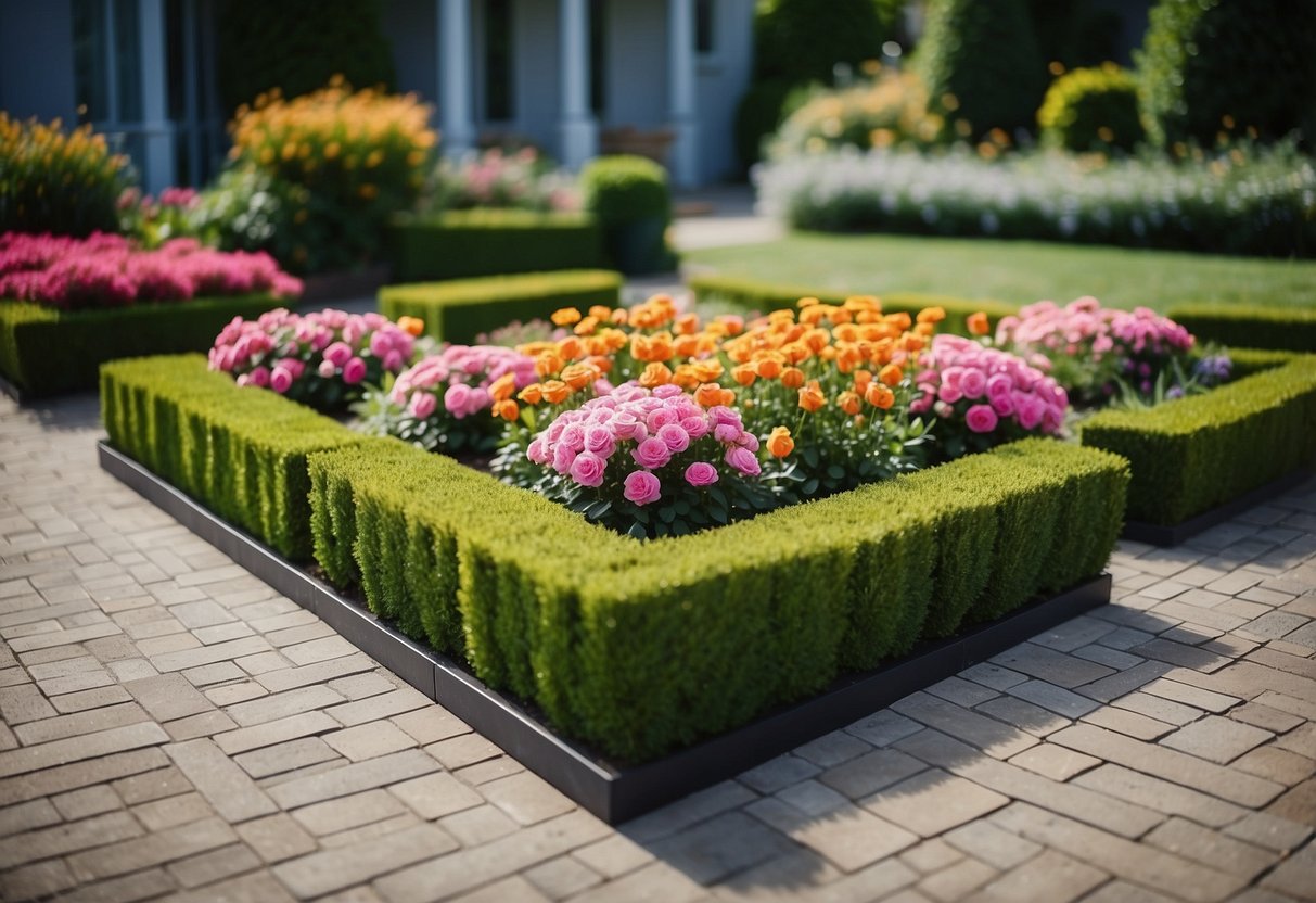 A front garden with symmetrical flower beds, neatly arranged with colorful blooms and lush greenery