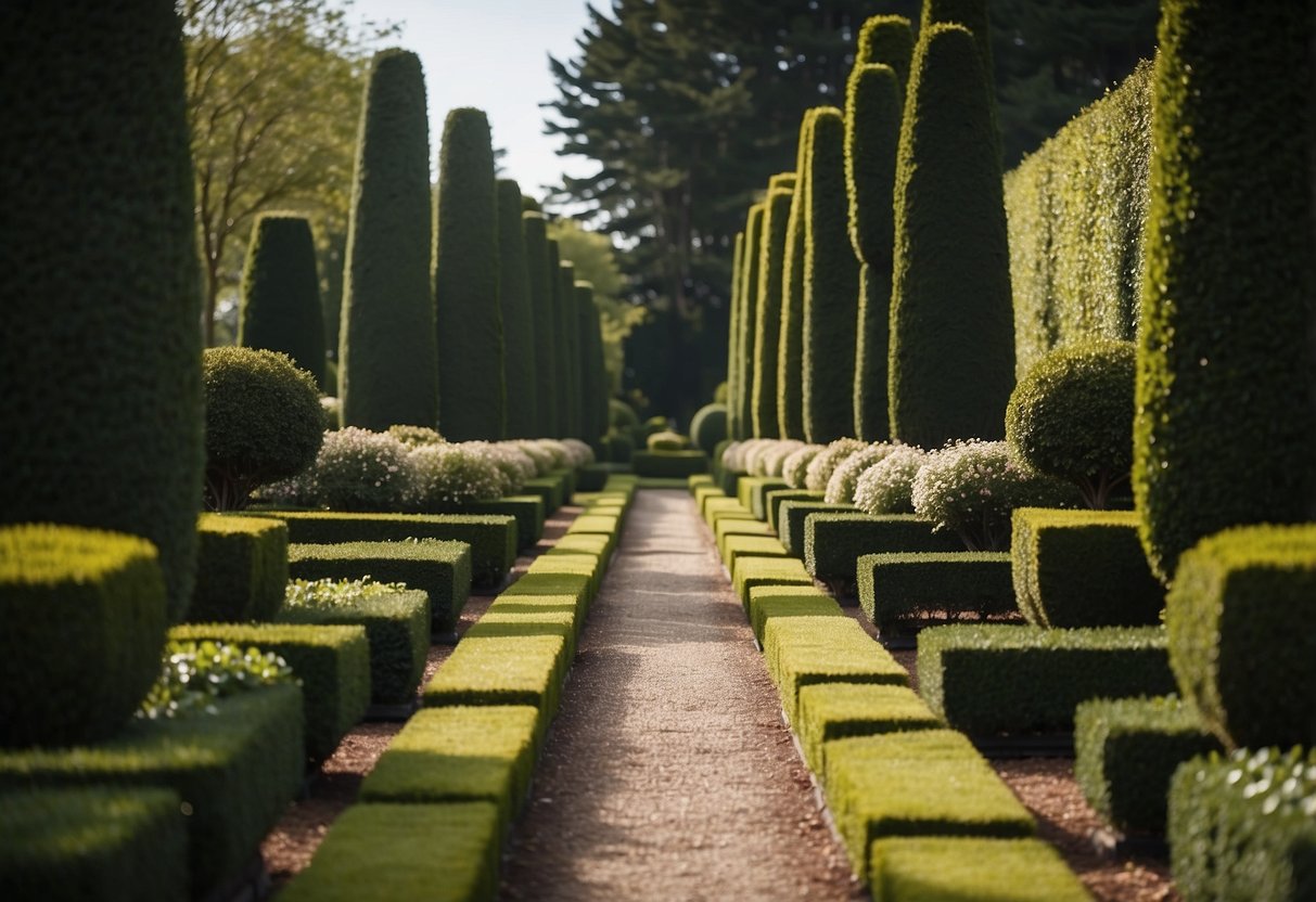 A perfectly aligned pathway leads through a symmetrical front garden, with neatly trimmed hedges and manicured flower beds on either side