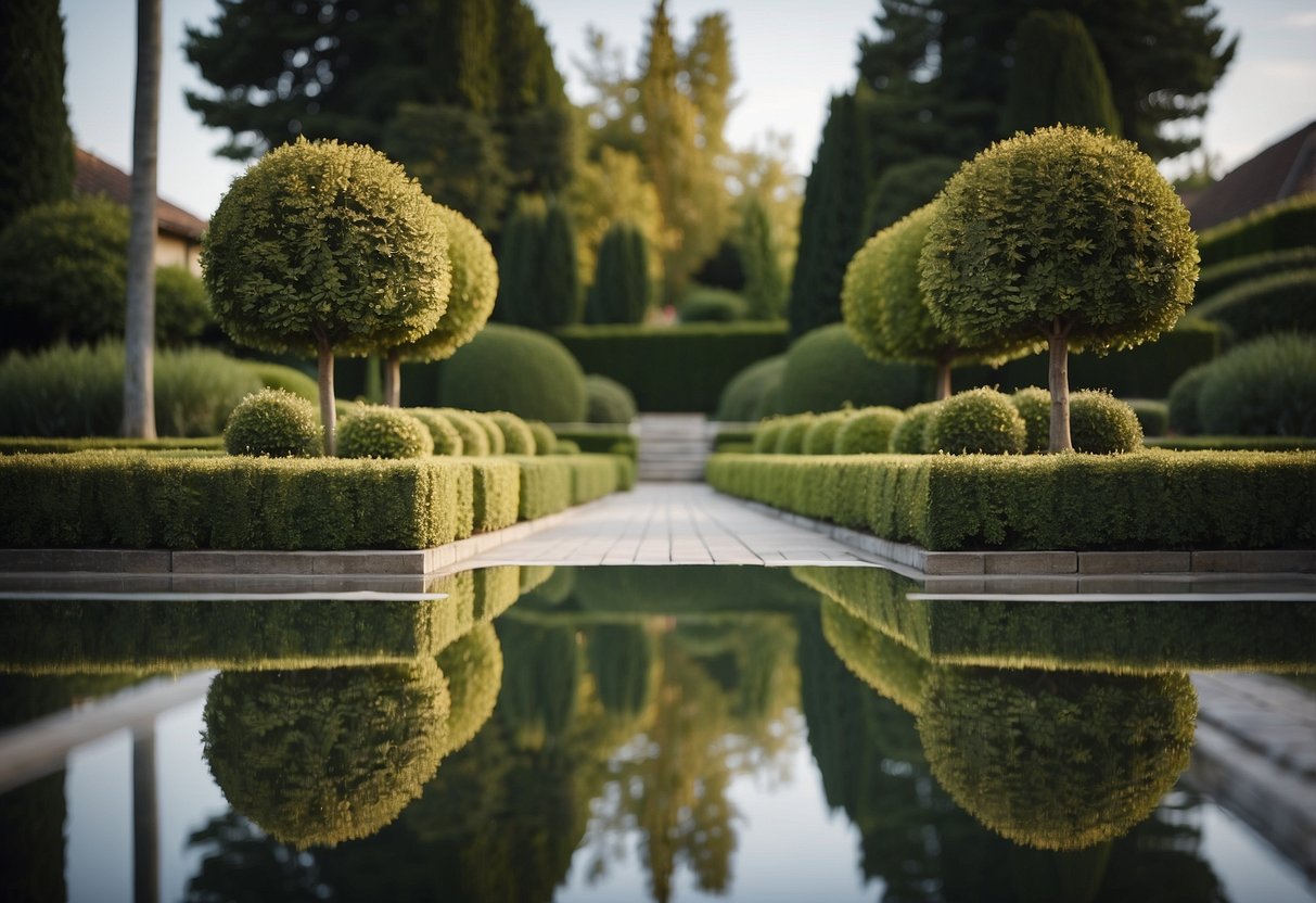 A front garden with symmetrical shrubs reflected in a mirror