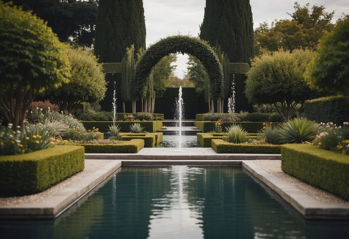 A front garden with two identical water features, surrounded by symmetrical landscaping and balanced elements