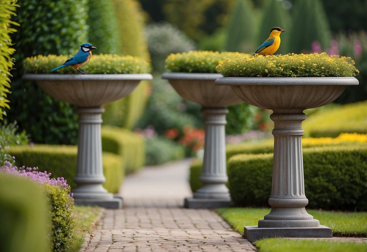 Two identical bird baths stand on either side of a pathway in a perfectly symmetrical front garden, surrounded by neatly trimmed hedges and colorful flowers