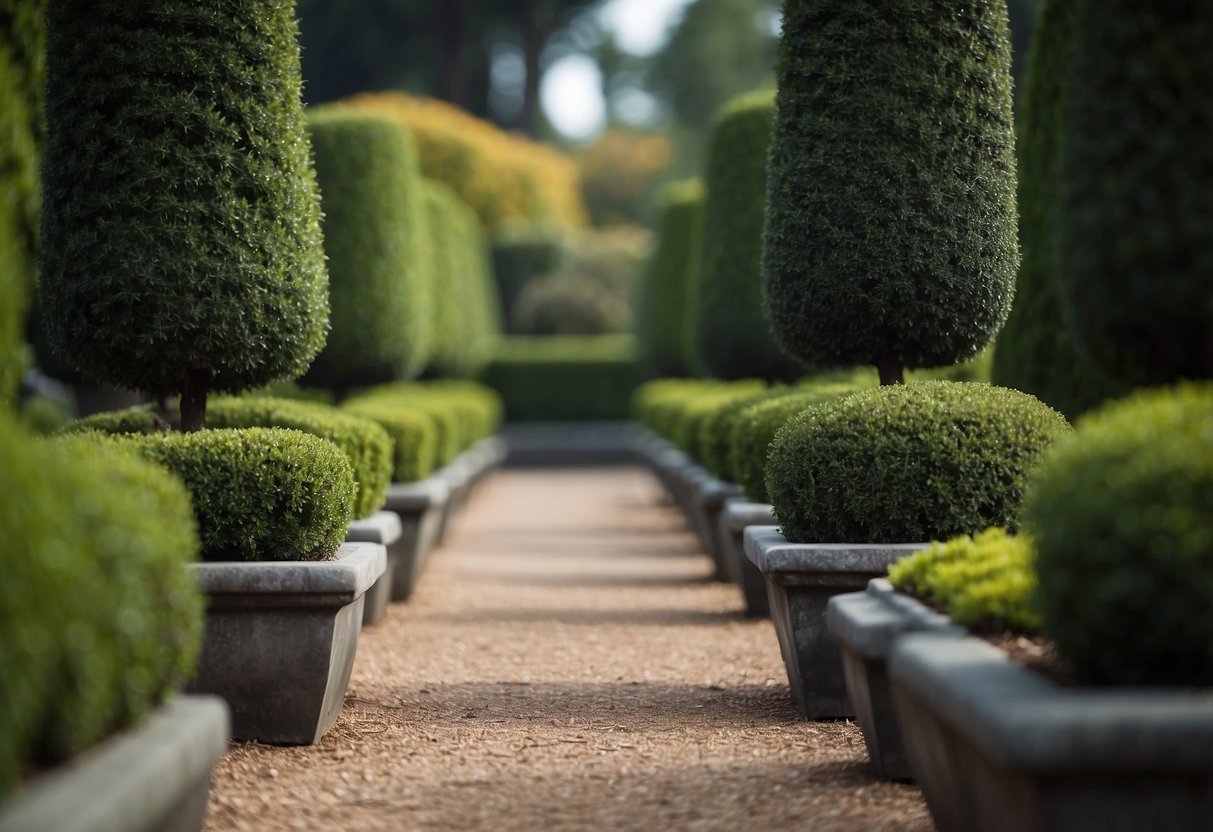 A row of evenly spaced topiaries lines the front garden, creating a symmetrical and balanced landscape