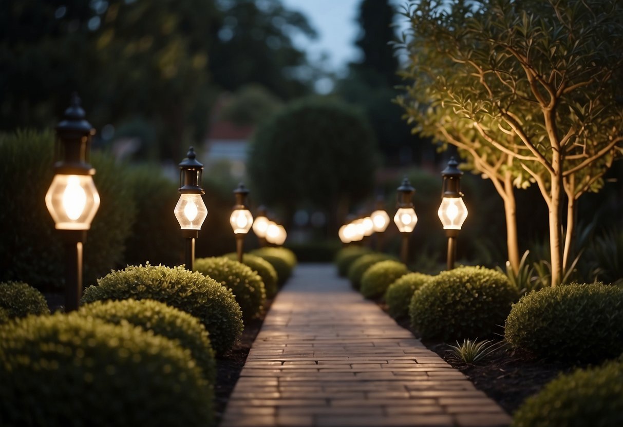 A row of symmetrical garden lights illuminates a perfectly balanced front garden, casting a warm glow on the carefully arranged plants and pathways