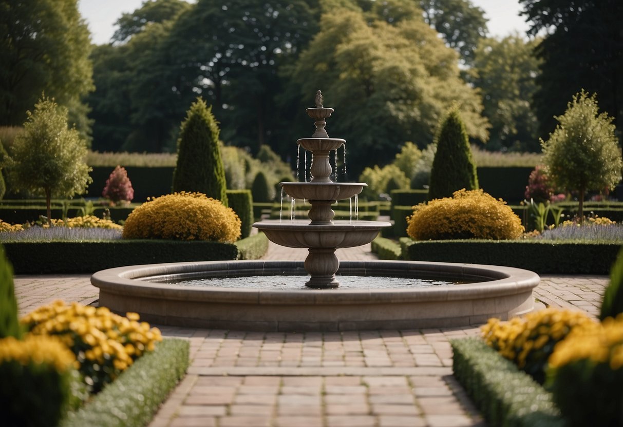 A symmetrical front garden with matching flower beds, flanking pathways, and a central focal point like a fountain or statue