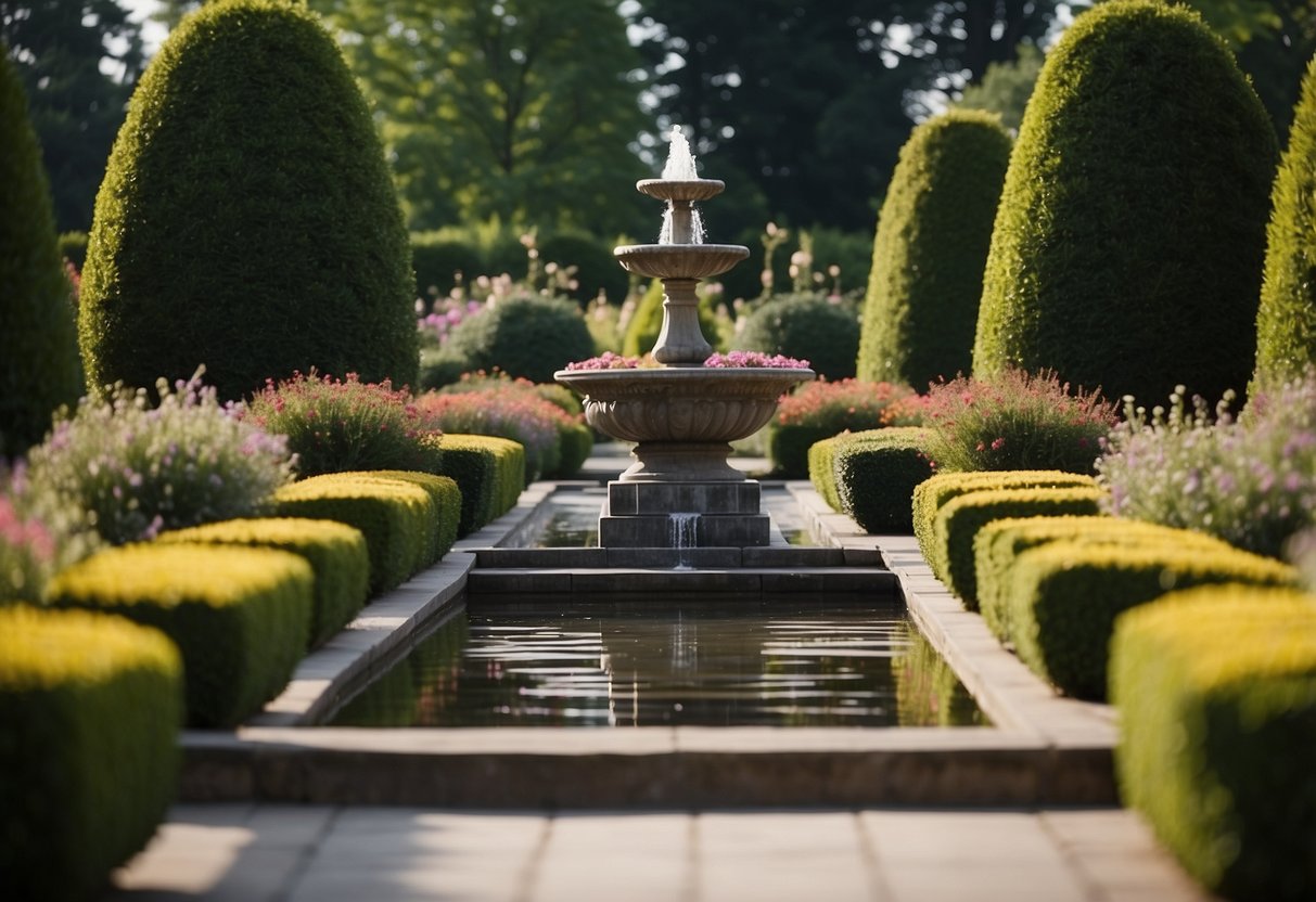 A symmetrical front garden with a central pathway, flanked by matching flower beds, leading to a focal point such as a fountain or statue